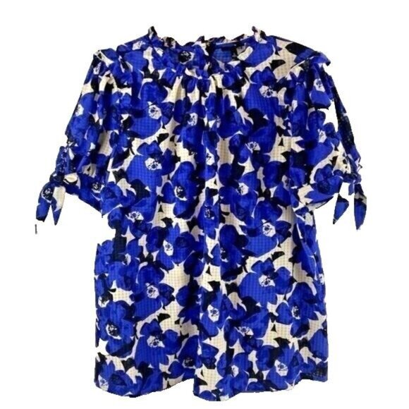 Womens L Ruffle Floral A-Line Blouse Tie Short Sleeve Button Back Who What Wear - Picture 1 of 14